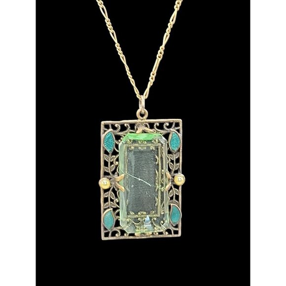 Artistry Green Glass Filigree Framed Pendant Necklace Enamel & Faux Pearl Accent - Picture 16 of 16